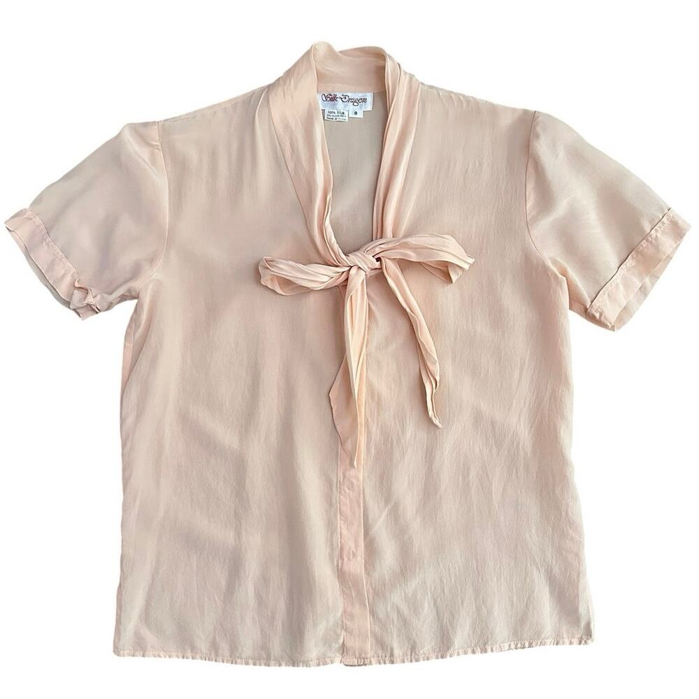 Vintage Silk Dragon Pink Short Sleeve Blouse Top Women's Size 8 Tie Front Bow